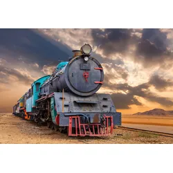 Fototapete PAPERMOON "ZUG-LOKOMOTIVE WADI RUM WÜSTE JORDANIEN WAGEN GEBIRGE", bunt, B:5m L:2,8m, Vlies, Tapeten