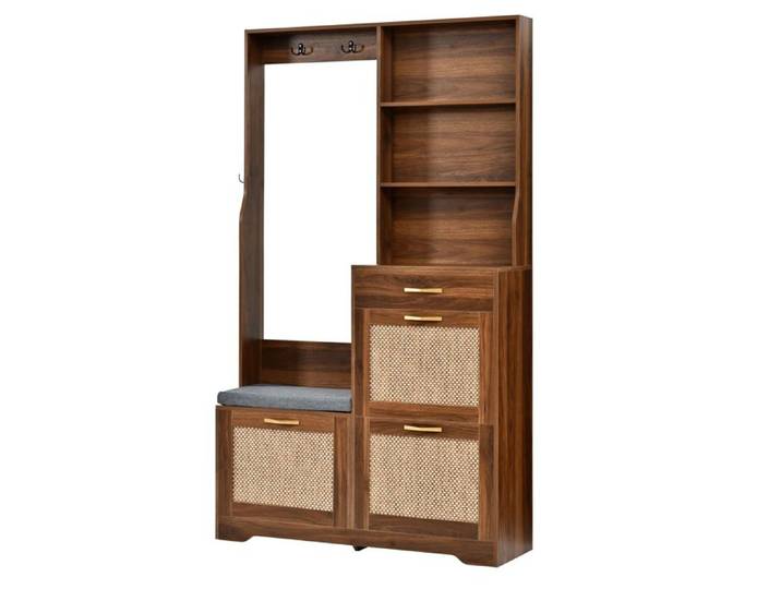 Garderobe d'entrée avec banc – meuble à chaussures 3 abattants tiroir étagères et crochets – noyer