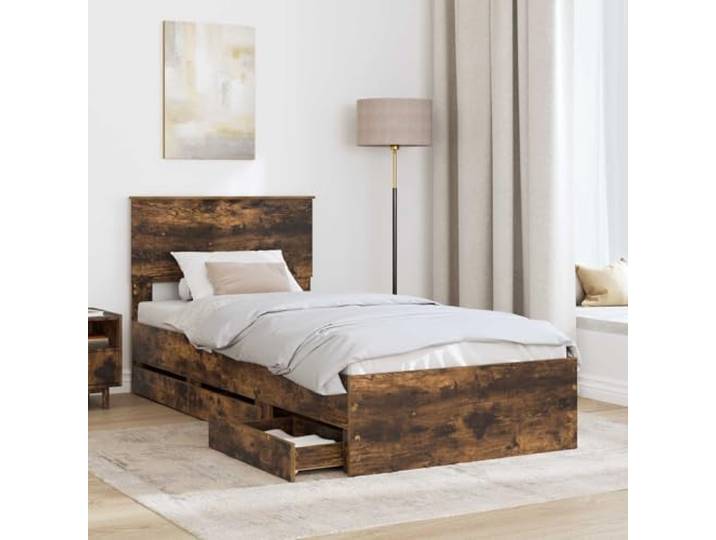 KTHLBRH Bettgestell mit Schublade Eiche Rauchgrau 90 x 190 cm Technisches Holz, 6 Schubladen, Lattenrost, minimalistischer Stil