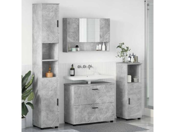 YUTAASU Badezimmermöbel Set 4 STK. Beton Grau 35 x 30 x 192 cm Holz Und Metall, Wandmontiert, Waschbeckenschrank, Spiegelschrank, Hoher Schrank