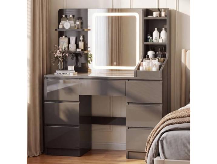 JUMMICO Schminktisch mit LED-Spiegel & Helligkeitsregelung, Großer Make-up-Tisch mit 4 offenen Fächern & 7 Schubladen, Modernes Möbelstück mit viel Stauraum (Hochglanz Grey, Holz)
