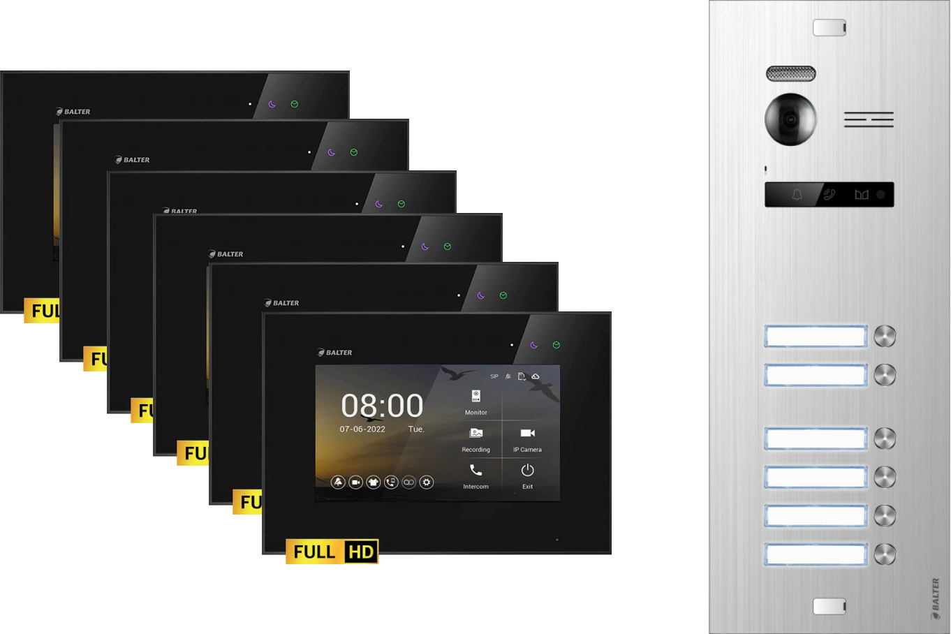 BALTER EVO HD Silber Video Türsprechanlage Set 6 Teilnehmer 6x 7" Monitor Schwarz