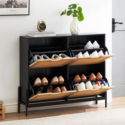 YUN Twith Fluted Panel Shoe Storage Cabinet，3 Gears Adjustable Partitions Freestanding Wooden Shoe Organizer