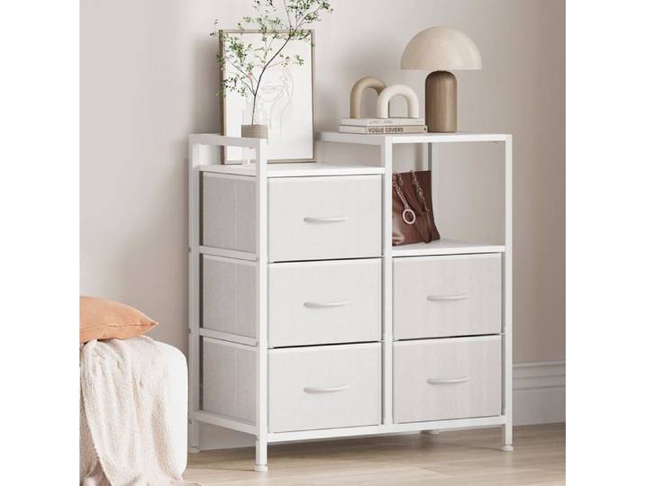Armoire dossiers mobile 5 tiroirs étagère support imprimante roulant classement latéral tissu bureau A4 blanc