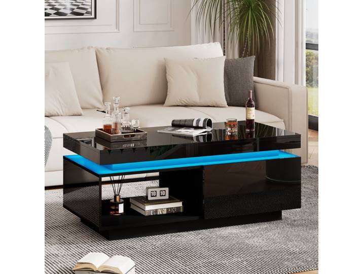 Lemonbest Table Basse Moderne 100x50x40.3 cm Table de Salon avec Éclairage LED et Tiroir de Rangement - Laquée Brillante - Noir