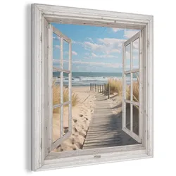 AKUSTIKBILD Fenster - Meer - Küste - Natur - Ausblick - Strand - Wattenmeer Akustikpaneele 90x90 cm