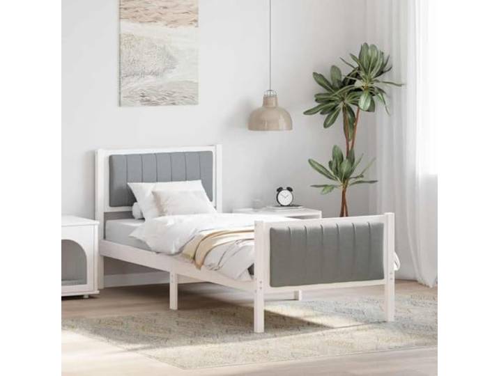 RJPLMFV Bettgestell, 80 x 200 cm, Weiß, Grau, Kiefer, massiv Kopfteil gepolstert, Fußteil inklusive, Plattform ohne Lattenrost, modernes Design