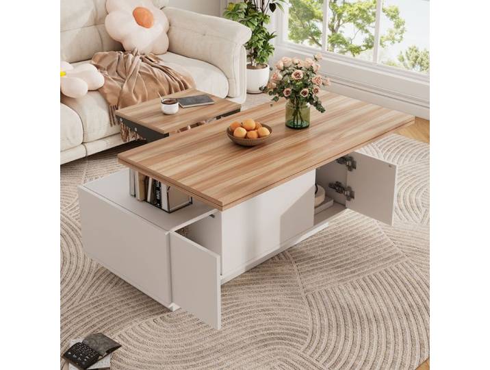 Table basse - SOGEU - Table à double mécanisme plateau relevable - Rangement caché - Charge 50 kg - 100x50x43 cm
