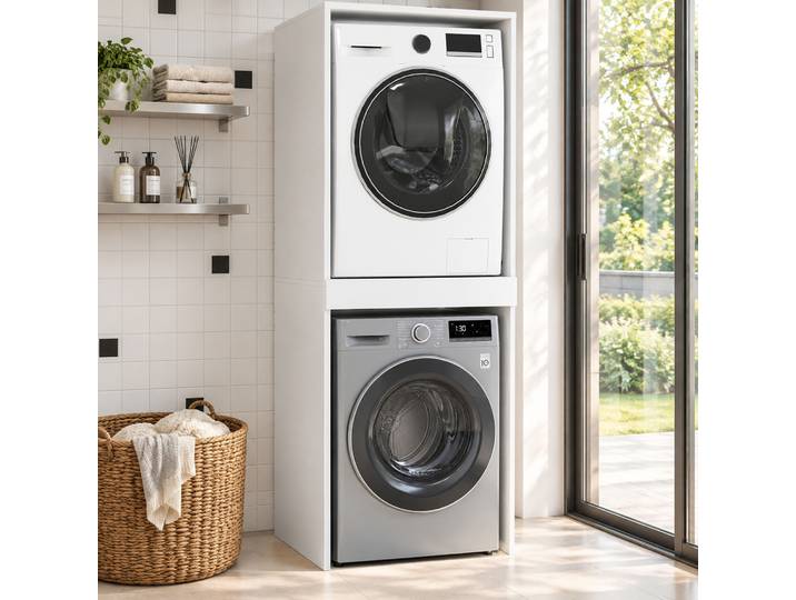 HOMCOM Meuble Blanc Lave-linge Sèche-linge Porte-vêtements Extractible