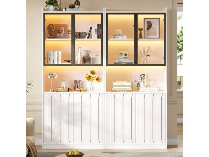 Vitrine led multifonctionnelle 160x35x200cm armoire haute meuble de salon avec portes vitrées et séparation ouverte blanc