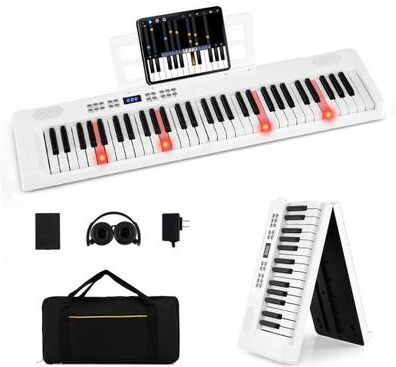 Costway 61-Key Foldable Piano Keyboard Full-size Electronic Keyboard with MIDI and Split Function-White