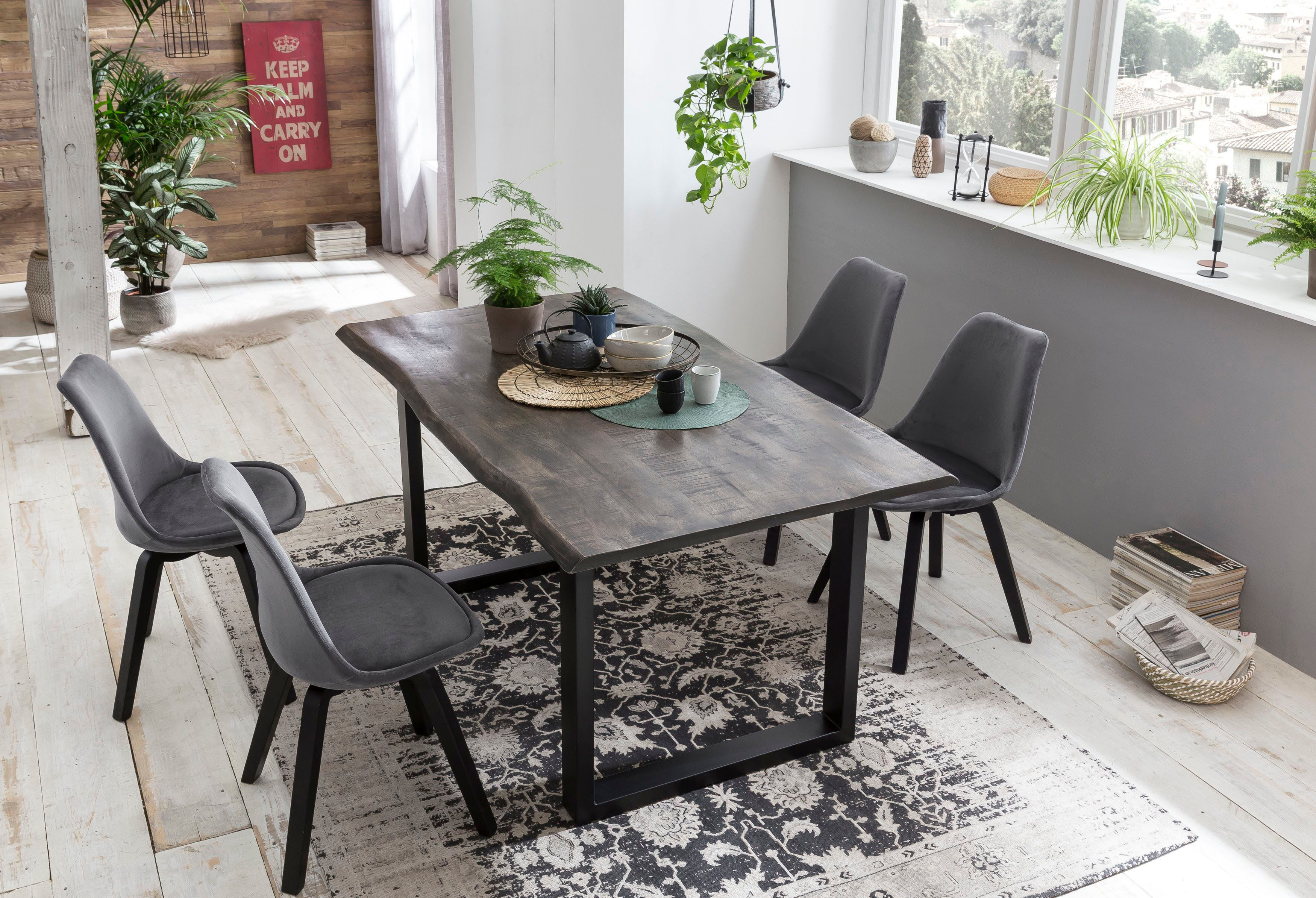Esstisch SIT "Hyères 160 x 85 cm aus Mango-Massivholz mit Baumkante & Stahlgestell", grau (grau, schwarz), B:160cm H:78cm T:85cm, Tische, Esstisch, Sägeraues Mango-Massivholz mit schwarzem Kufengestell grau, schwarz B/H/T: 160cm x 78cm x 85cm
