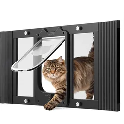 VEVOR Katzenklappe Katzentür Anpassbar an Fensterbreiten (686-813 mm), Wetterfeste Haustiertür mit 4 sicheren Verriegelungsmodi & Aluminiumrahmen & Hochtransparentem Glas & Magnetverschluss, Schwarz