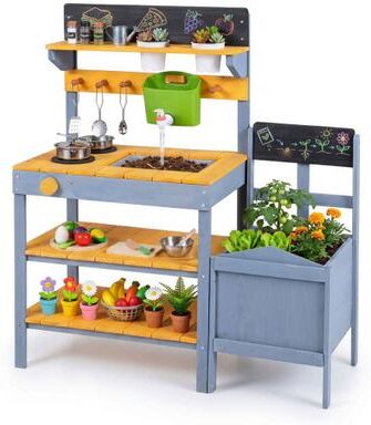 Costway Mud Kitchen Set for Kids with Running Water Reservoir and Plant Pots for 3+-Yellow
