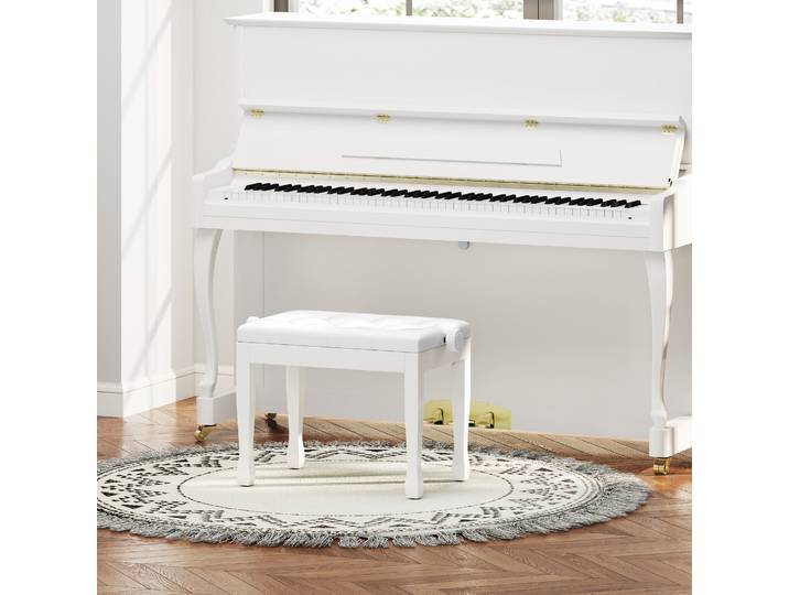HOMCOM Banc de Piano Réglable Bois Massif Rembourré Blanc