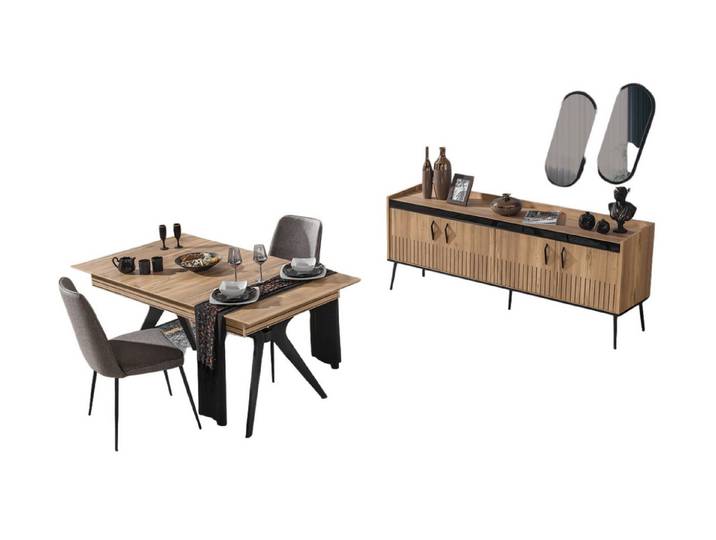 Villa Möbel Esszimmer-Set Cizgi, (Esszimmer-Set, 8-St., Esstisch, Sideboard und 6 Stühle), Esstisch mit Stühlen und Sideboard für Essen und Stauraum