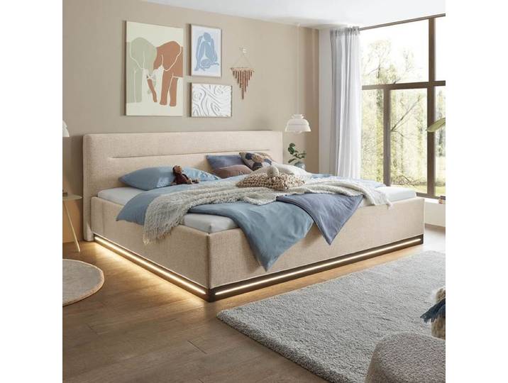 set one Familienbett Franklin Kopfteil mit Quereinzug Sockel schwarz 240x200cm Sand modern, Mit Beleuchtung