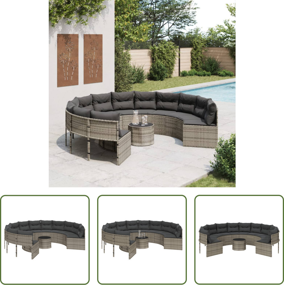 The Living Store Gartensofa mit Tisch und Kissen Rund Grau Poly Rattan