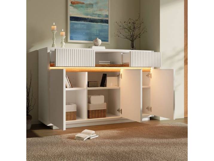 Bladez - Buffet avec LED 2 tiroirs et 3 portes étagères réglables et design moderne pour salon entrée - Blanc