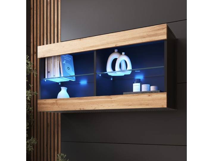 Komodee Vitrine Suspendue Horizontal Tivoli - Wotan Noir - 100 x 50 x 29 cm - LED Bleues