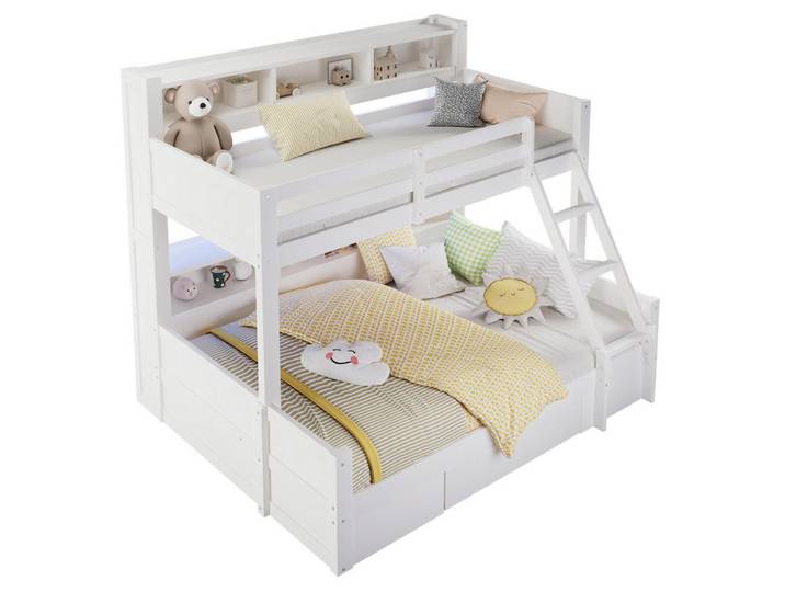 Redom Etagenbett 90/200 cm + 140/200 cm mit LED-Beleuchtung, Stauraum, Schublade und variabler Leiter aus Massivholz, Weiß, Holz, 90x200 cm, Babymöbel & Kindermöbel, Kinderzimmer & Jugendzimmer, Stockbetten