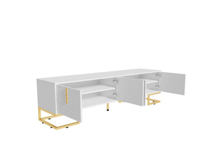 Oxeza Tv-Element 170/40/45.5 cm Weiß mit strukturierter Tür, goldenen Griffen und goldenen Füßen, Holz, Mode, Rechteckig, 170x45.5x40 cm, Wohnzimmer, TV Möbel, Lowboards, Lowboards stehend