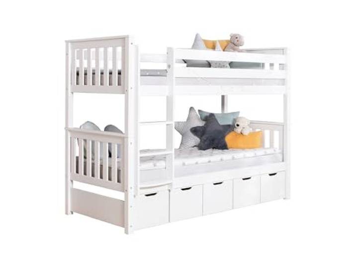 TiCAA Etagenbett, Kinderbett, Stockbett Funktionsbett für Kinder mit Treppe & Zwei Liegeflächen teilbar aus Kiefer Massivholz Weiß Bettgestell 90 x 200