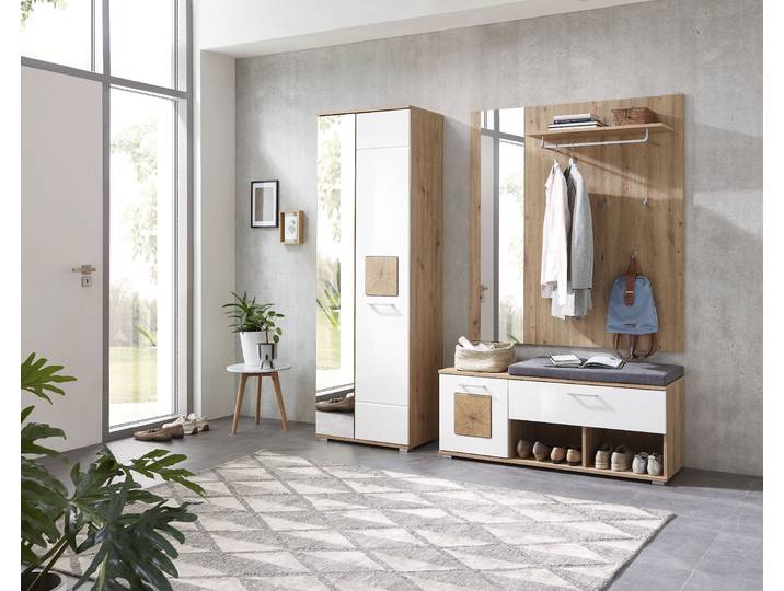 Garderoben-Set INNOSTYLE Fun Garderoben Set, 206x195x38cm (B/H/T) , braun (weiß, artisan eiche), B:206cm H:195cm T:38cm, Holzwerkstoff, MDF, Kastenmöbel-Sets, Garderoben-Set, besteht aus 3 Typen,Spiegeltür,Sitzkissen