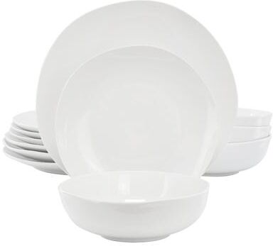 Gibson Set of 12, Wavy Round Ceramic Dinnerware White