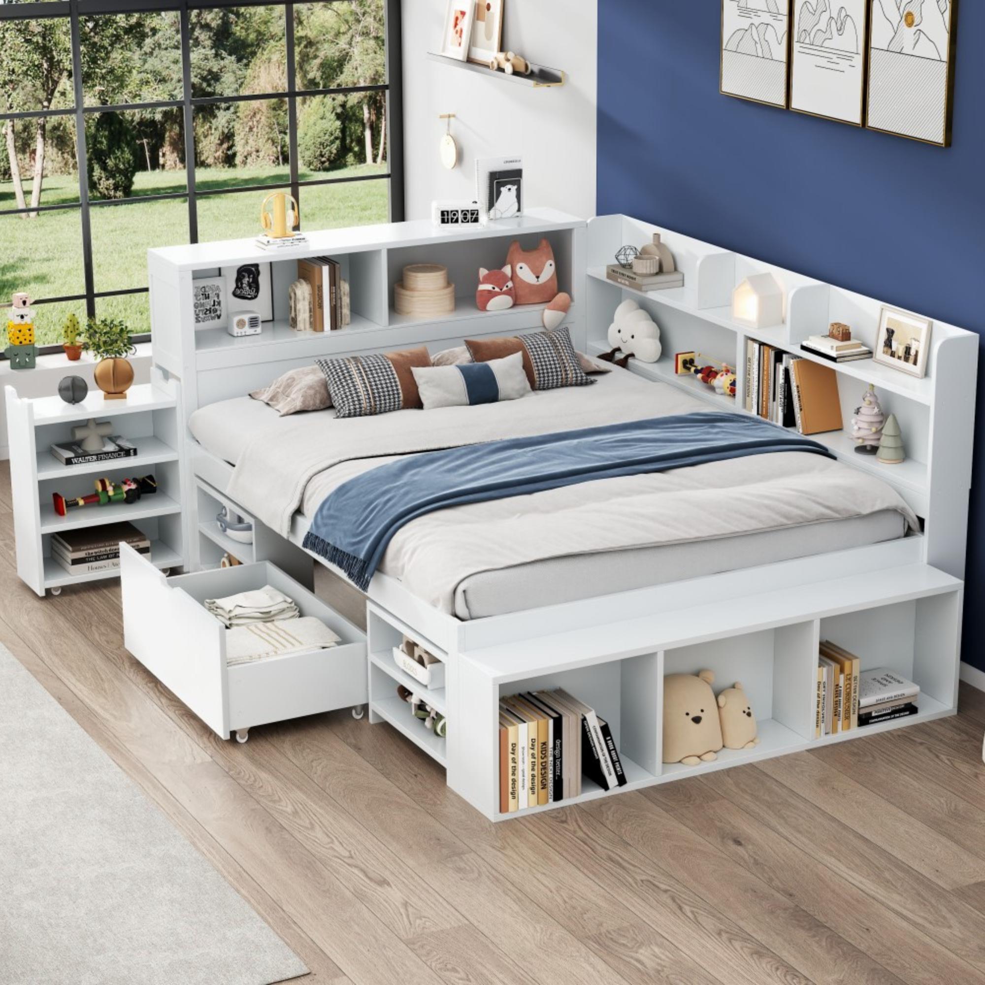 Babybett, 140 x 190 cm, Einzelbett, multifunktionales Kinderbett, mit Schrank und Regal, großer Speicherplatz, Nachttisch, keine Matratze, weiß.