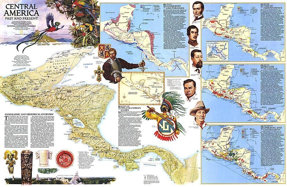 National Geographic Historic POD 1986 Carte de l'Amérique centrale passée et présente