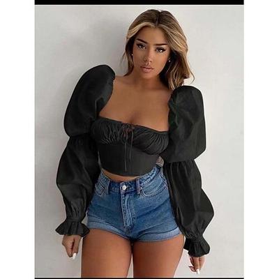 Damen Wickel-Crop-Top Elegant Langarm U-Ausschnitt Crop Tops Schwarz Weiß Sommer Frühling