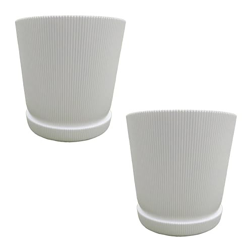 Relaxdays Bloempot met schotel, set van 2, wit, plastic, Diameter: 20 cm