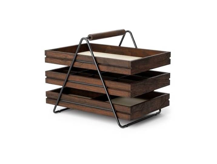 Umbra Terrace Schmucktablett, dreistufig mit Schubladen, Schwarz/Walnuss Gummibaumholz, ausziehbare Fächer, Metallrahmen, schützt empfindliche Teile, praktischer Holzgriff