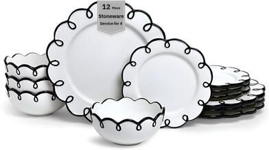 Sango Splash of Cheers 12-Piece Stoneware Dinnerware Set for 4- White with Black Scalloped Rims