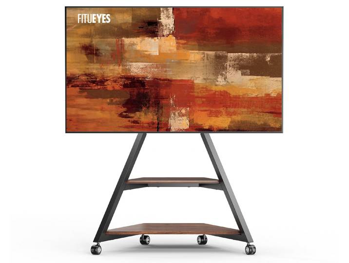 FITUEYES TV-Ständer im Eiffel-Stil mit Rollen, Ablagen, ±20° schwenkbar, 55-88 Zoll, (bis 88 Zoll, höhenverstellbar, Trapezgestell)