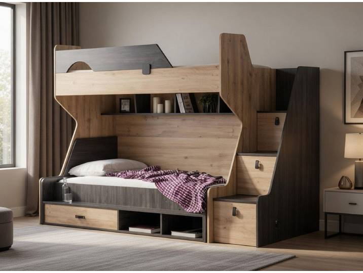 JVmoebel Etagenbett Modernes Etagenbett mit Regalen und Stauraum für Kinderzimmer