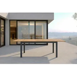OUTFLEXX Premium Ausziehtisch, anthrazit matt, Alu/Teak, 150/210 x 90 cm, Synchronauszug mit Butterfly-Funktion