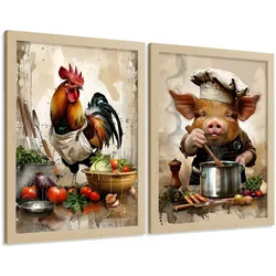 POSTER 2er Set Küchen-Wandbilder Hahn und Schwein Koch Aquarell Illustration Esszimmer Wanddeko Rahmenlos A3