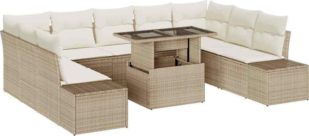 Garten-Sofa-Set, modular mit Stauraum, 9 Sitzplätze, Poly Rattan, höhenverstellbarer Tisch, Beige, 10-teilig