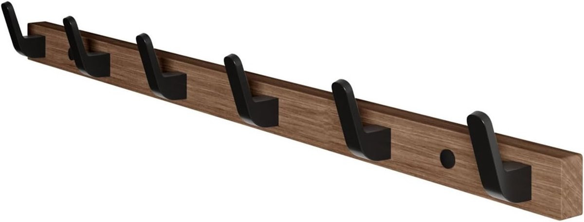 Zwarte houten wandkapstok met decoratieve haken voor jassen en accessoires