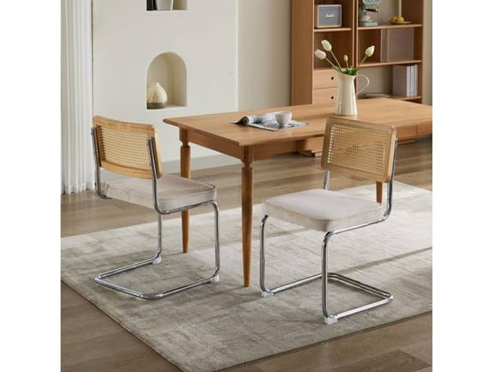 Bellemave Esszimmerstühle 2er-Set, Freischwingerstühle, Samt-Bezug, Beige Mid-Century-Modern Polsterstuhl, Rattan-Rücken, verchromter Edelstahlfuß, Küchenstuhl