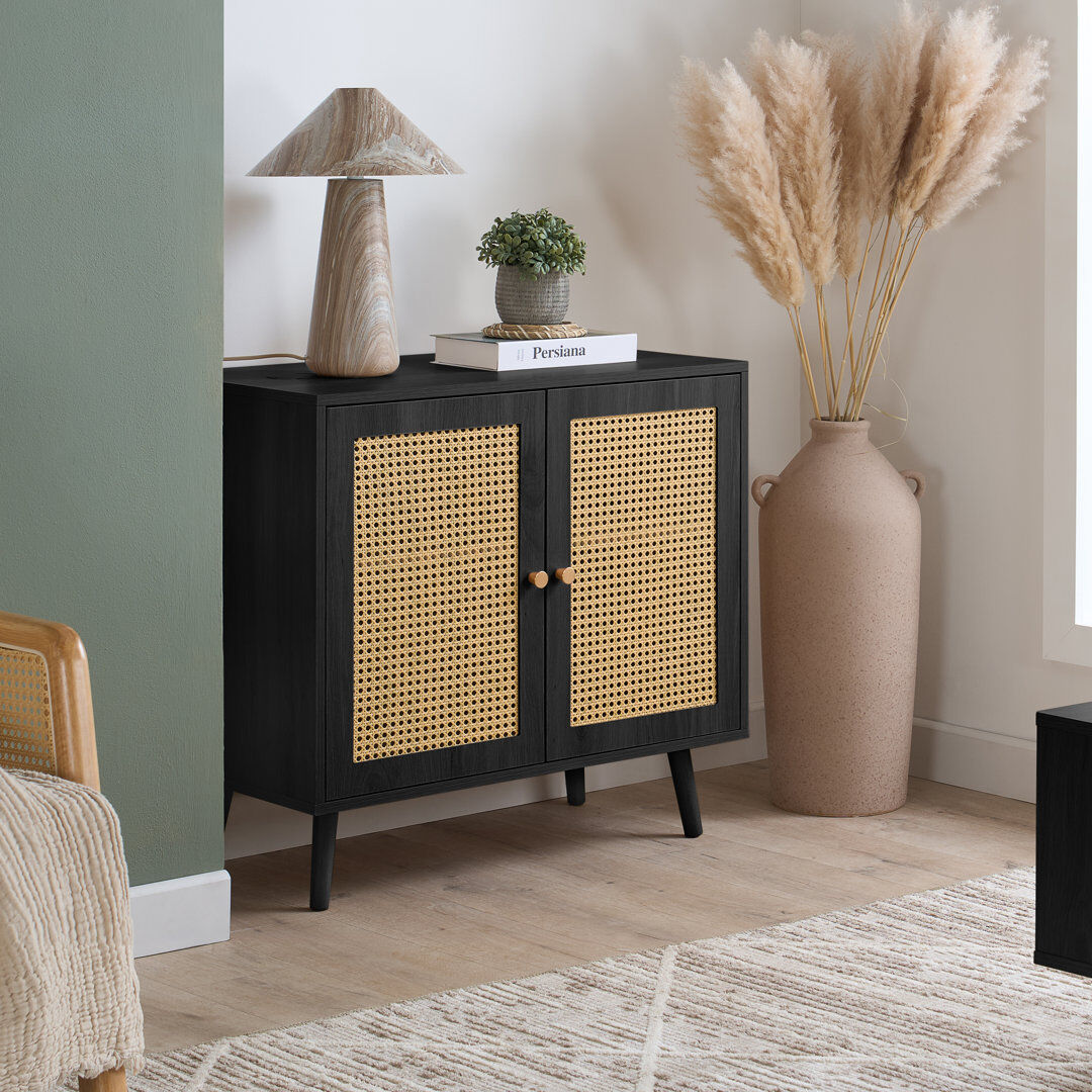 Latitude Run Noemi Rattan 2 Door Sideboard 80CM Width BLACK 72cm H X 80cm W X 40cm D