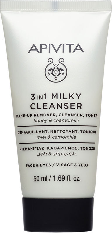 Apivita Leite de limpeza 3 em 1 para rosto e olhos - Limpador facial e removedor de maquiagem 50 ml