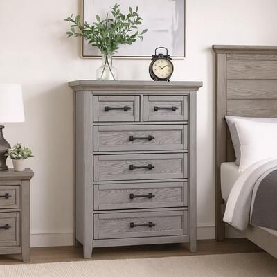 Benjara Bix Tall Dresser Chest, 6 Dovetail Drawers, Bronze Handles, Light Gray