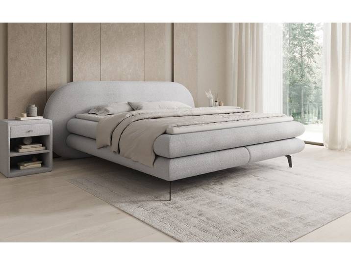 Boxspringbett Marisol mit ovalem Headboard in Bouclé - 140x200 - Weiß - H3 (70-100kg) - Luxusbetten24