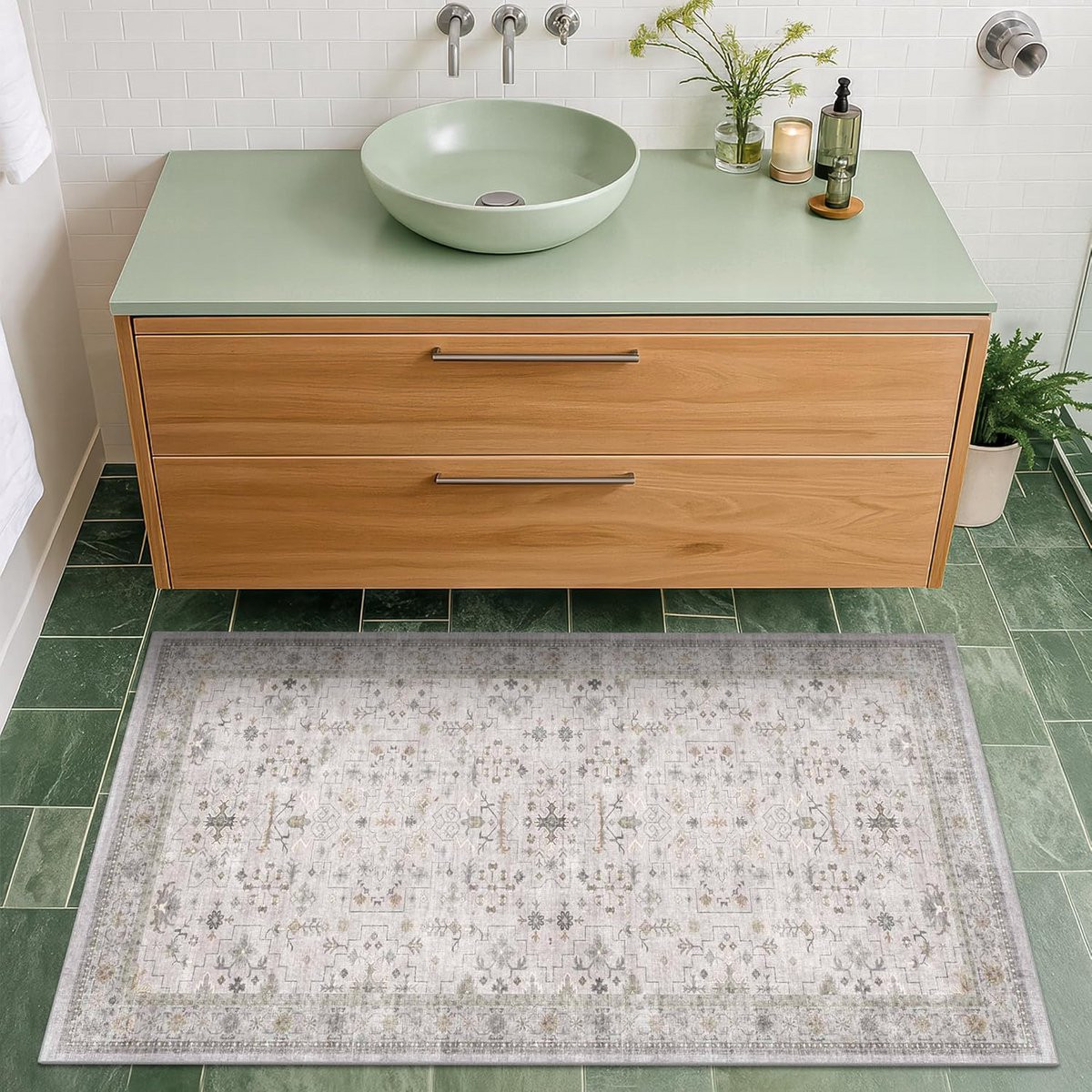 Boho Badkamertapijt met Bloemenpatroon Lichtgrijs/Taupe, Wasbaar en Antislip