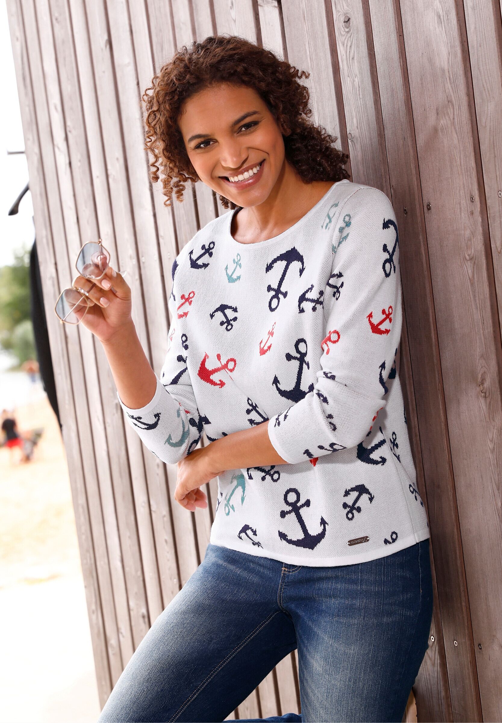 Strickpullover WITT "Pullover Rundhalspullover mit maritimem Dessin", Damen, Gr. 52, bunt (weiß, marine), Strick, , Sportlich, Rundhals, Pullover Strickpullover