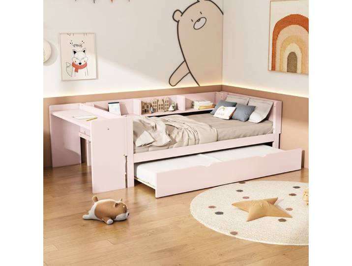 ULEVR Lit simple avec lit gigogne et bureau 90x200 cm - 3 étagères latérales pour chambre d enfant rose et pin