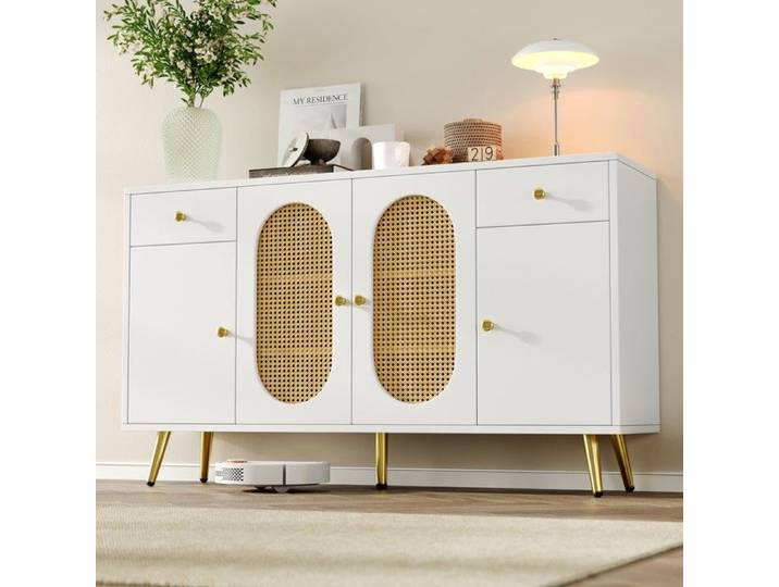 Commode buffet - Zephmum - 2 tiroirs 4 portes étagères réglables blanc naturel B140 T35 H82 cm